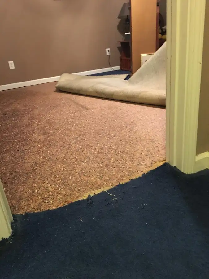 Carpet pad removal revealing water damage during Drying & Dehumidification in Helena Valley West Central